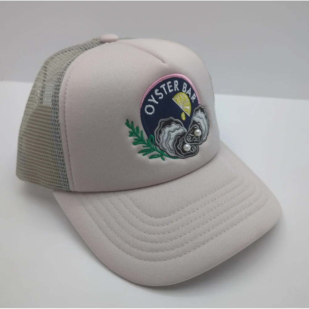 Patchwork by La Valentina Oyster Bar Trucker Hat Pink Mesh Snapback Pearl Detail